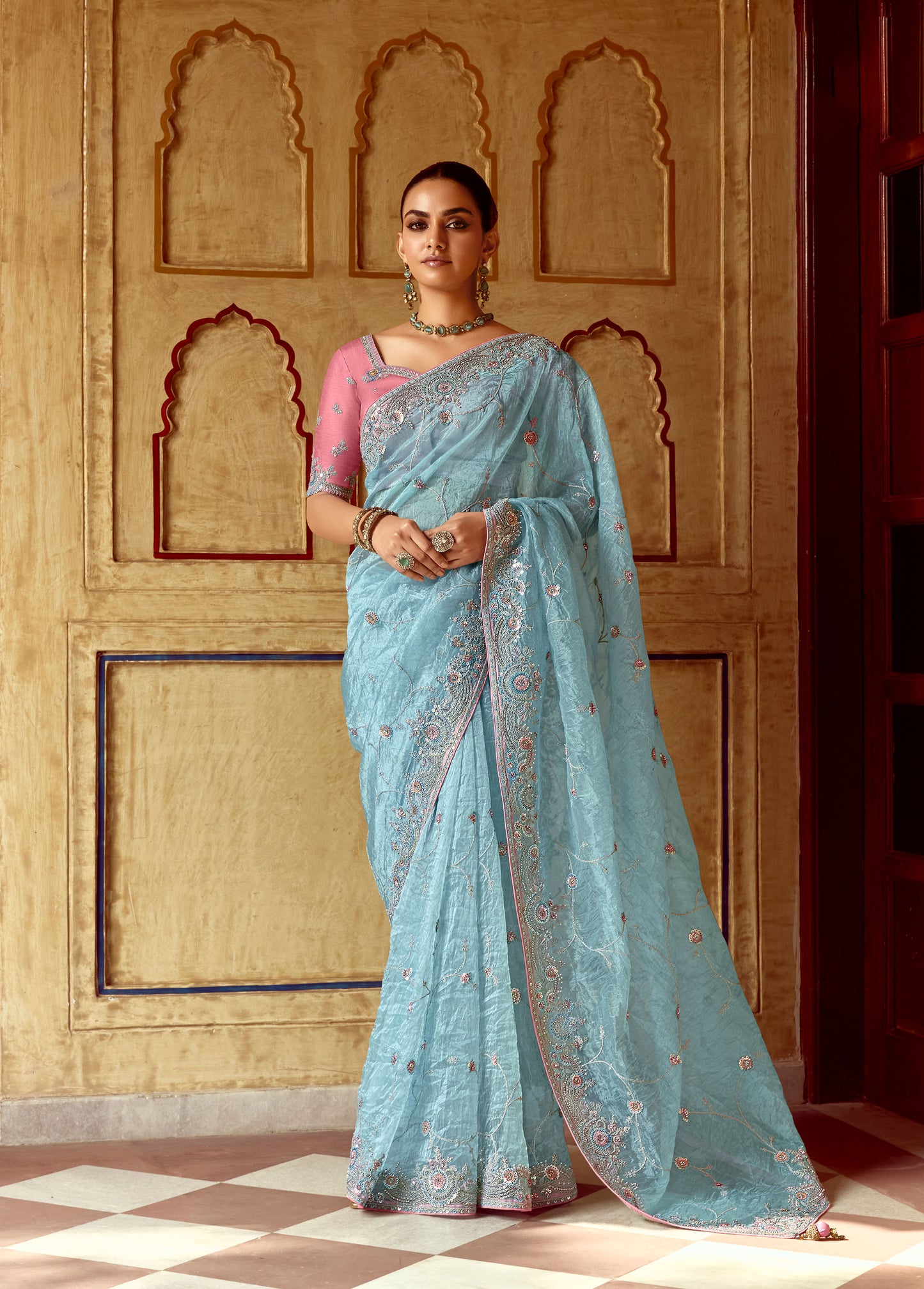 Sky blue Dhaga and Butti embroidered Pankhudi Saree