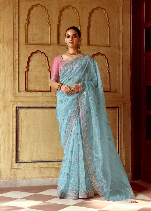 Sky blue Dhaga and Butti embroidered Pankhudi Saree