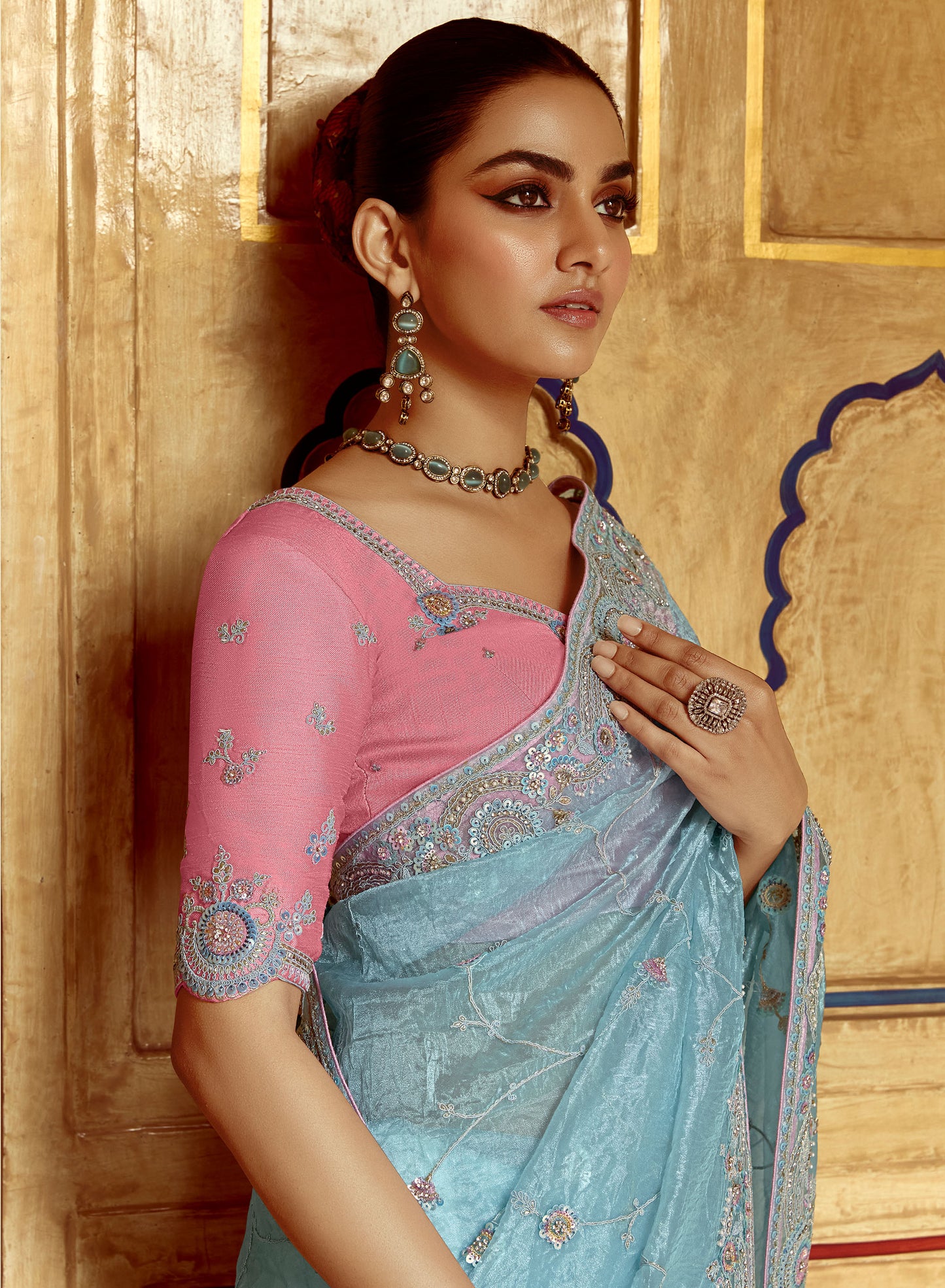 Sky blue Dhaga and Butti embroidered Pankhudi Saree