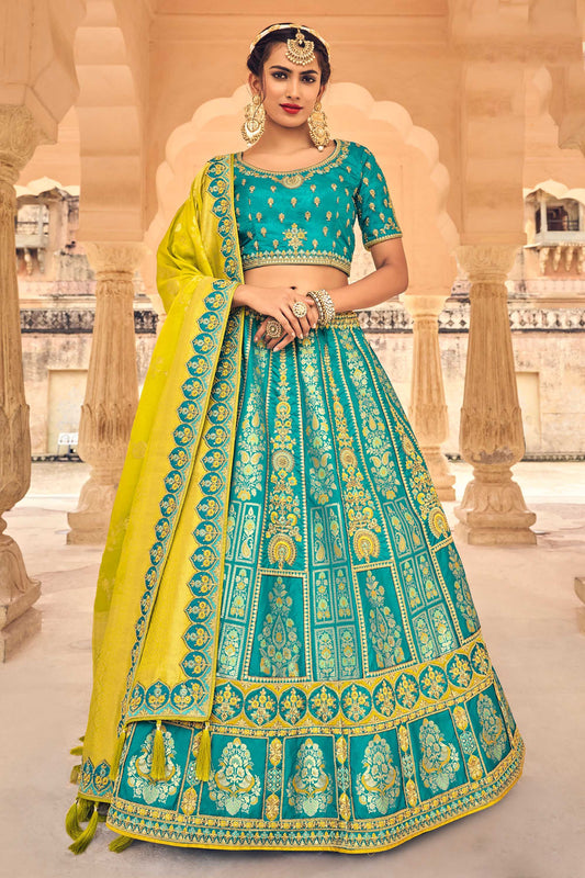 Dark Blue Gota Pati Work Banarasi Silk Bridal Lehenga