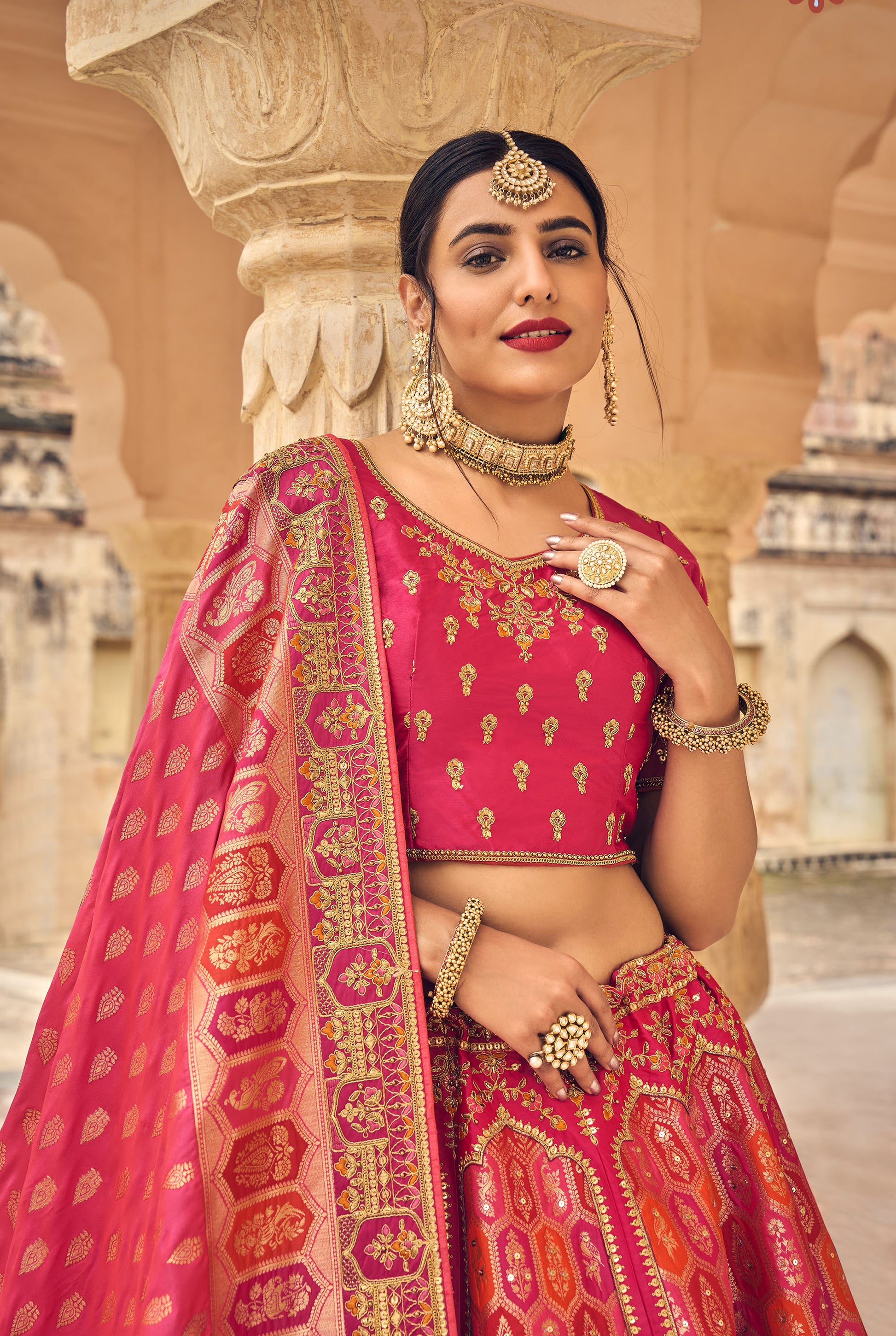 Rani Pink Hand Work Banarasi Silk Bridal Lehenga