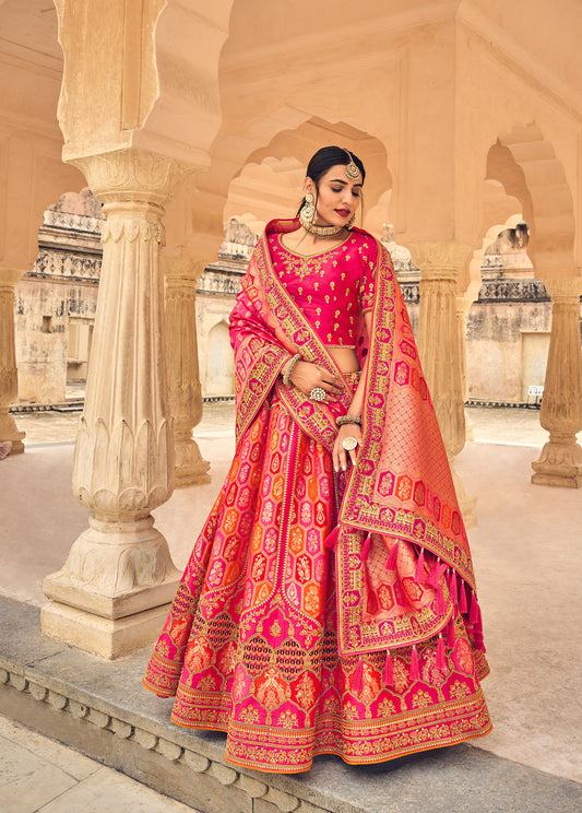 Rani Pink Hand Work Banarasi Silk Bridal Lehenga