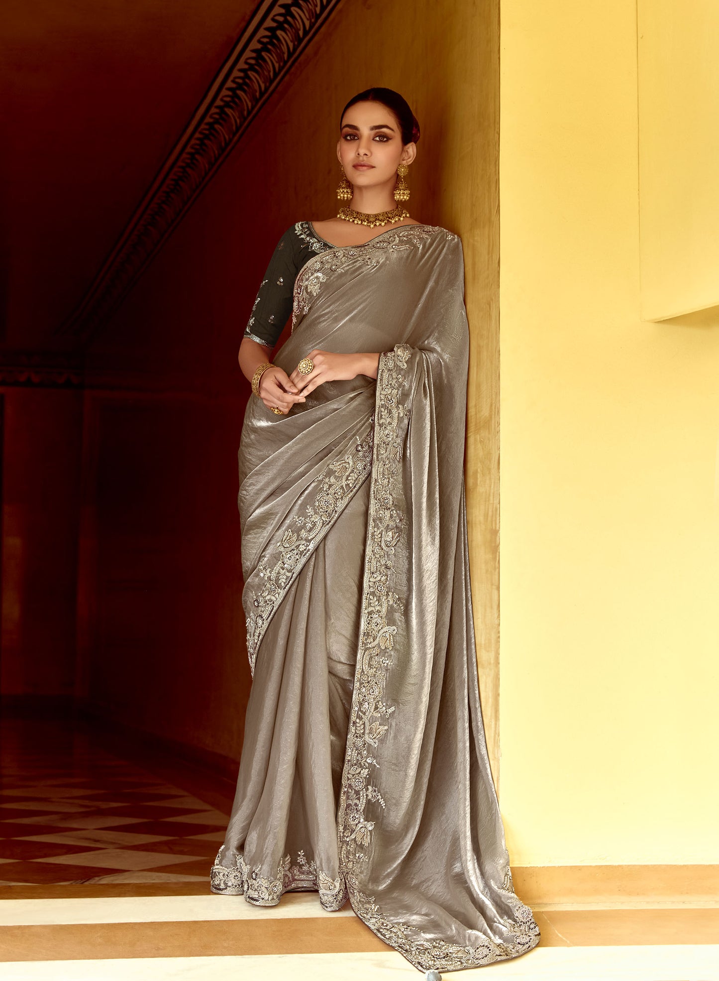 Grey Dhaga and Butti embroidered Pankhudi Saree