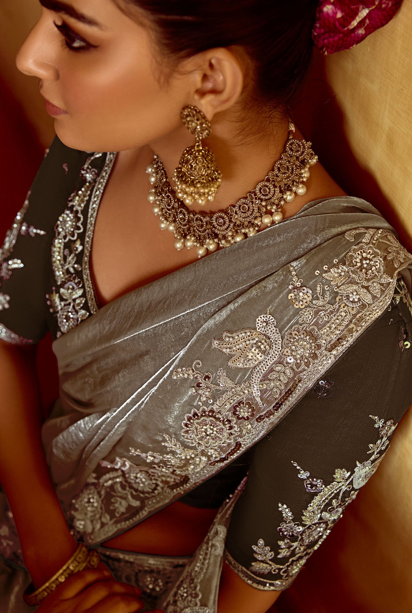 Grey Dhaga and Butti embroidered Pankhudi Saree