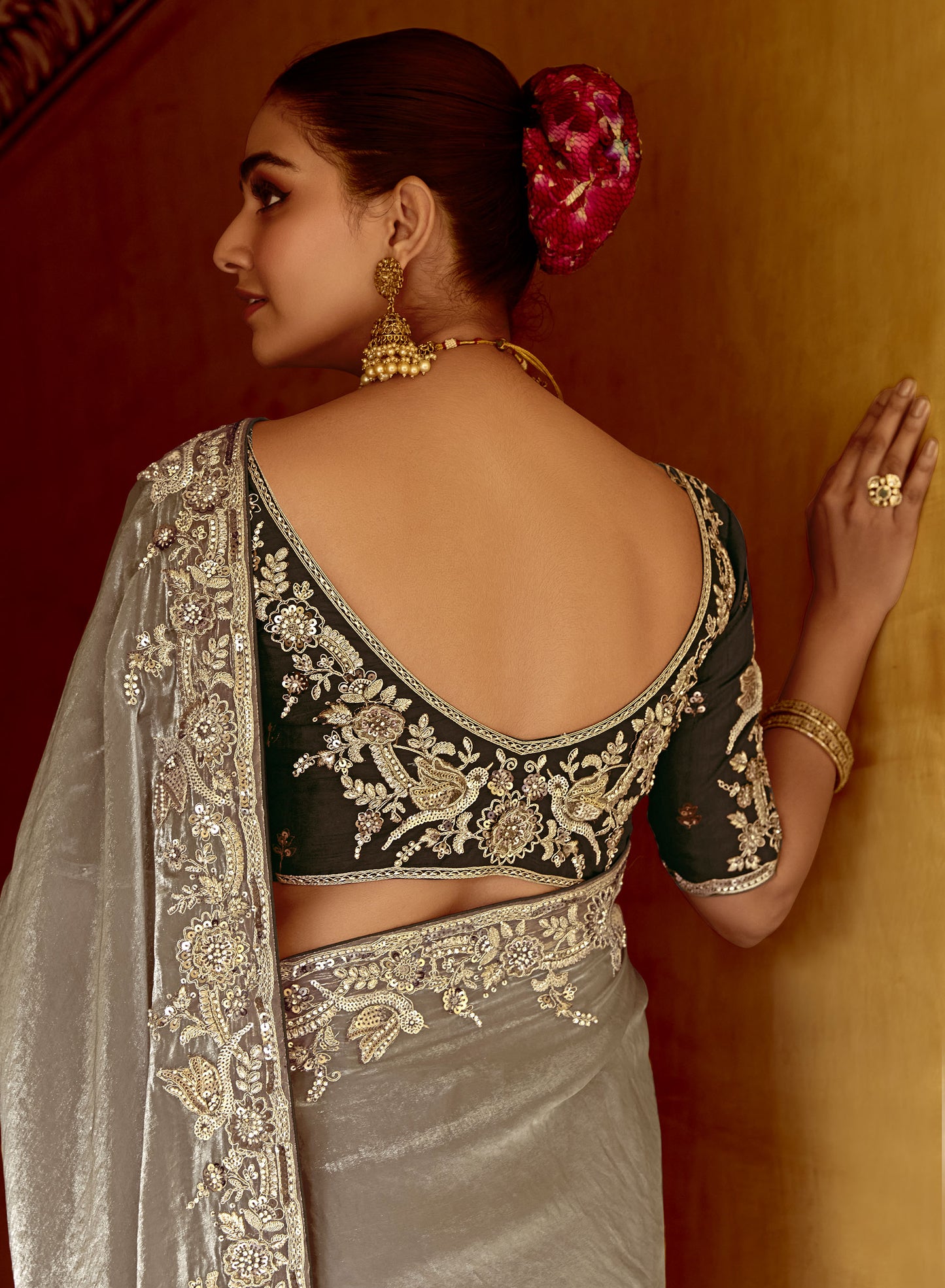 Grey Dhaga and Butti embroidered Pankhudi Saree
