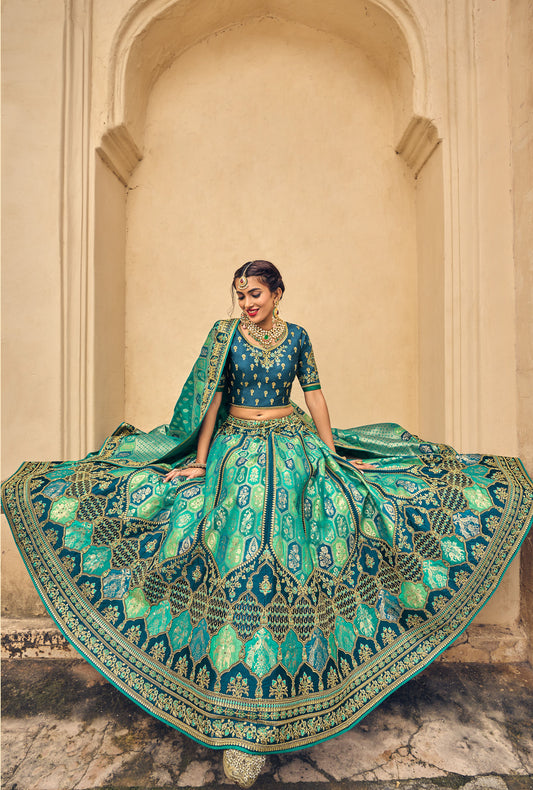 Sea Green and Blue Cut Work Banarasi Silk Bridal LehengaSea Green and Blue Cut Work Banarasi Silk Bridal Lehenga