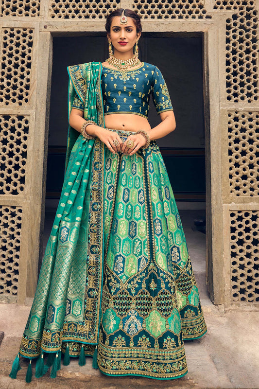 Sea Green and Blue Cut Work Banarasi Silk Bridal Lehenga