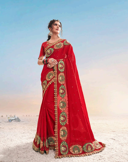 Red Moti and Cutdana Work Pure Satin Bridesmaid Saree