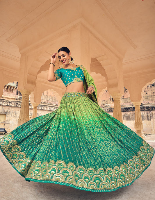 Shaded Pista Green Hand Work Banarasi Silk Bridal Lehenga
