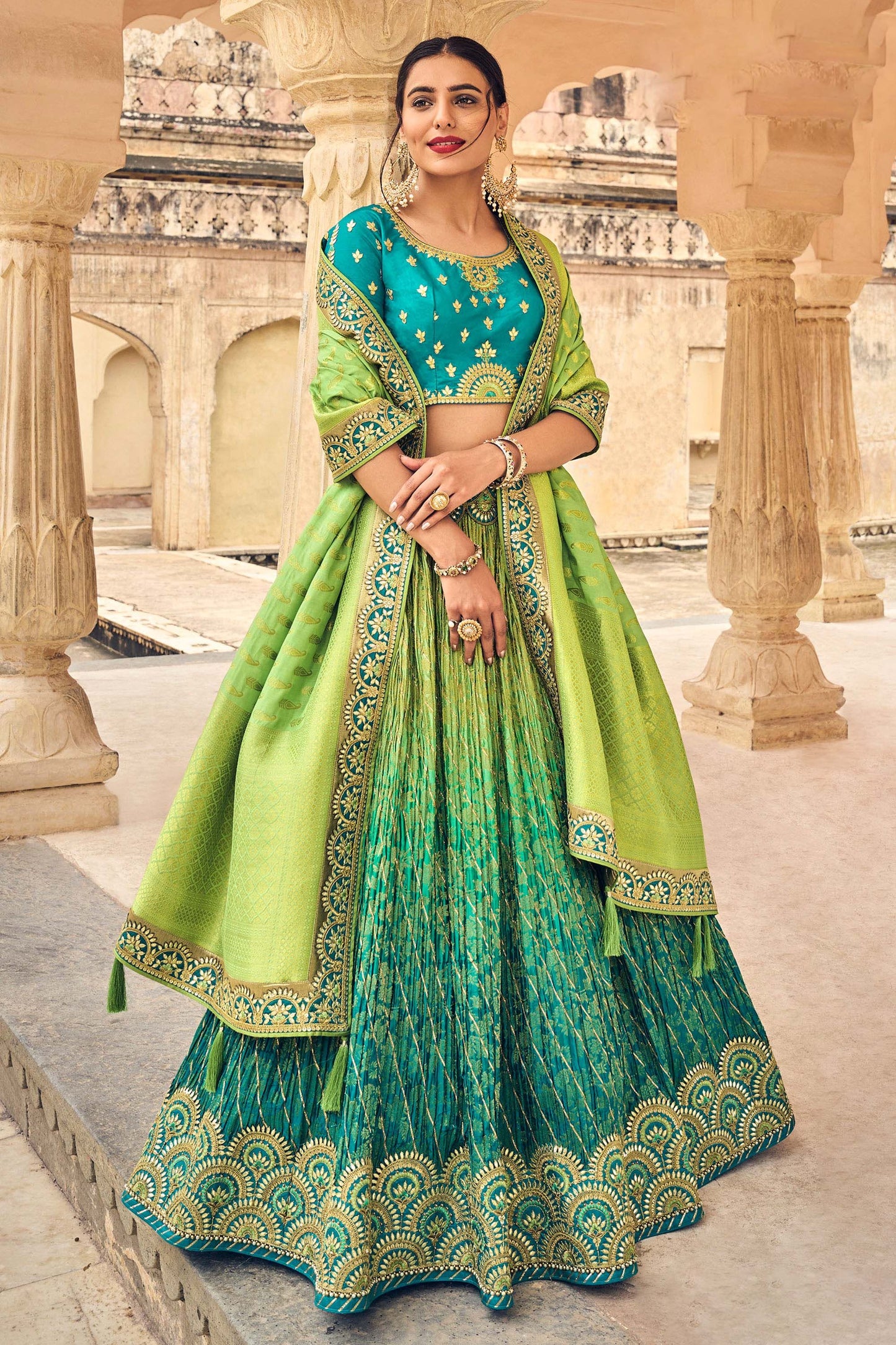 Shaded Pista Green Hand Work Banarasi Silk Bridal Lehenga