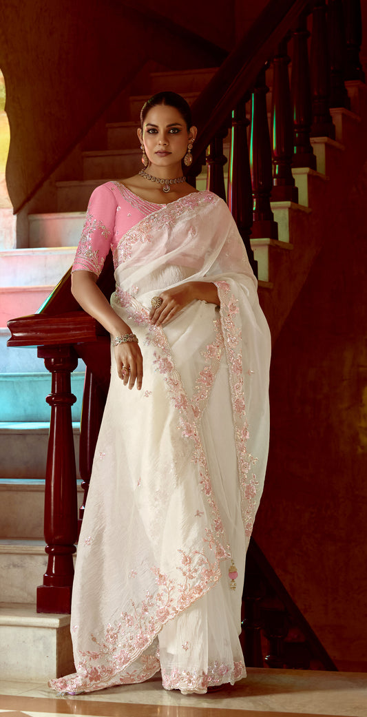 white Dhaga and Butti embroidered Pankhudi Saree