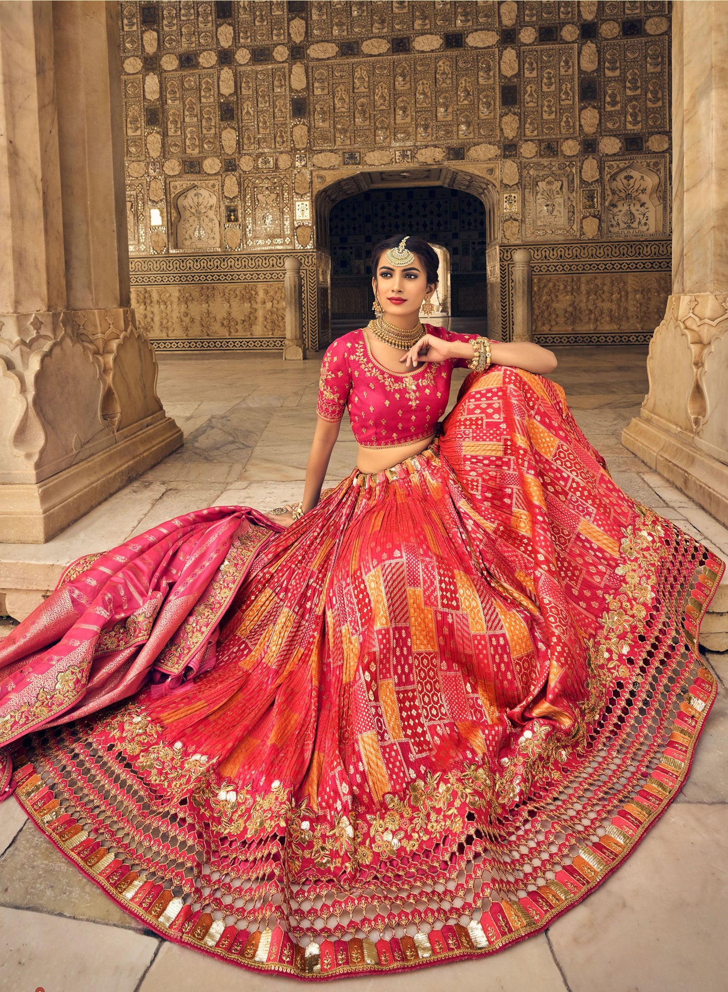 Pink and Gold Cut Work Banarasi Silk Bridal Lehenga