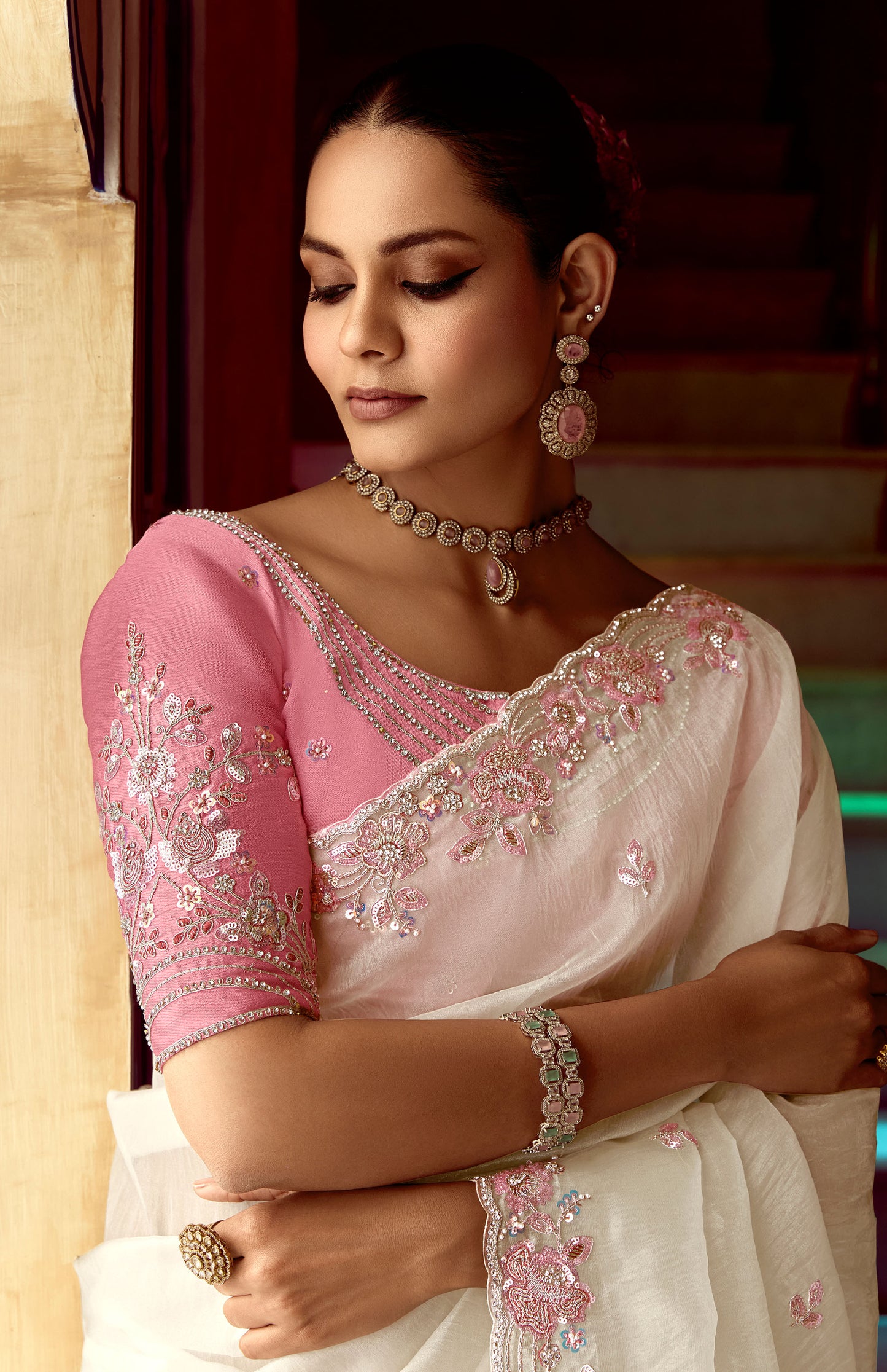 white Dhaga and Butti embroidered Pankhudi Saree