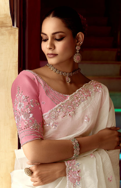 white Dhaga and Butti embroidered Pankhudi Saree