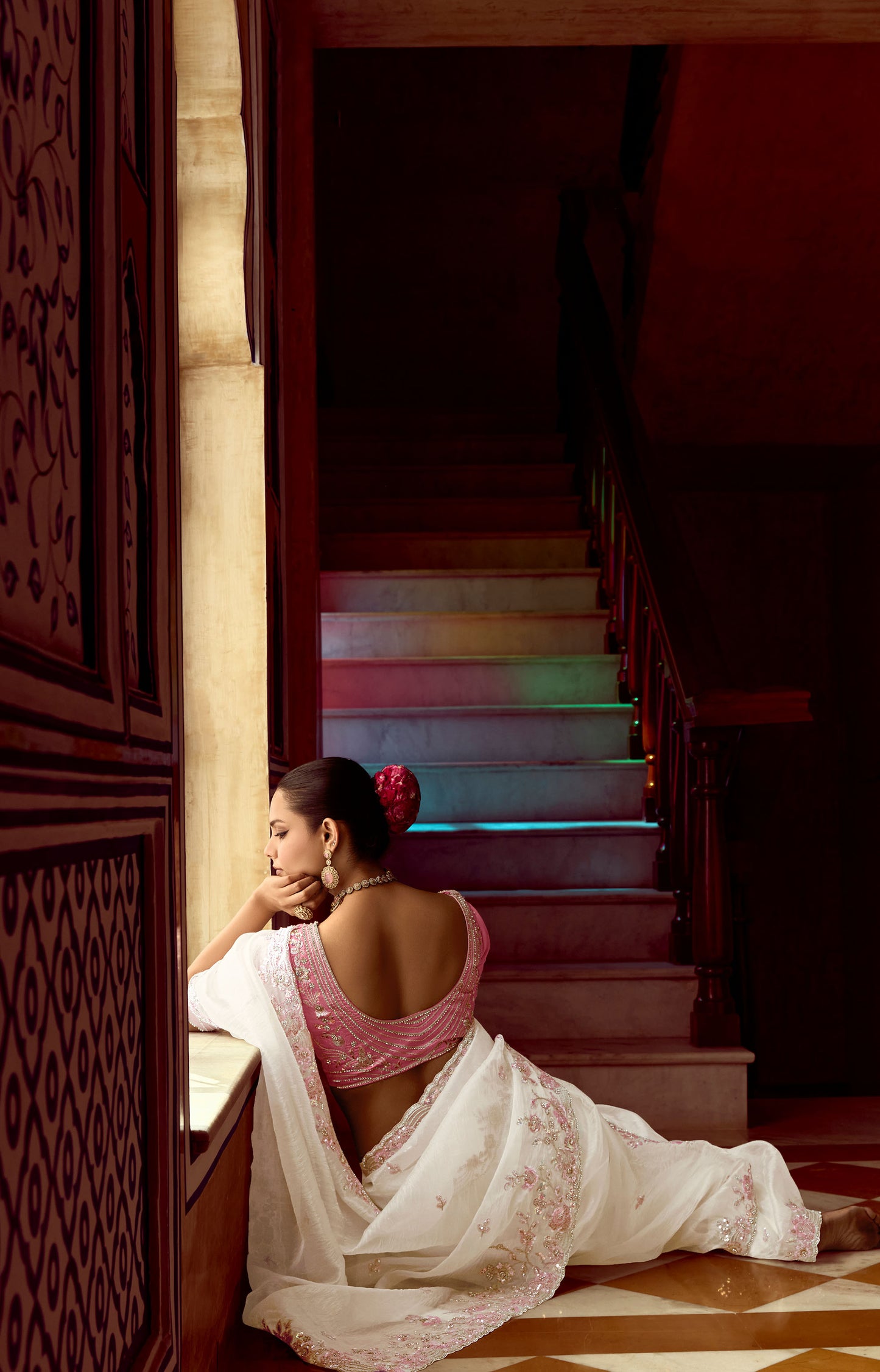 white Dhaga and Butti embroidered Pankhudi Saree