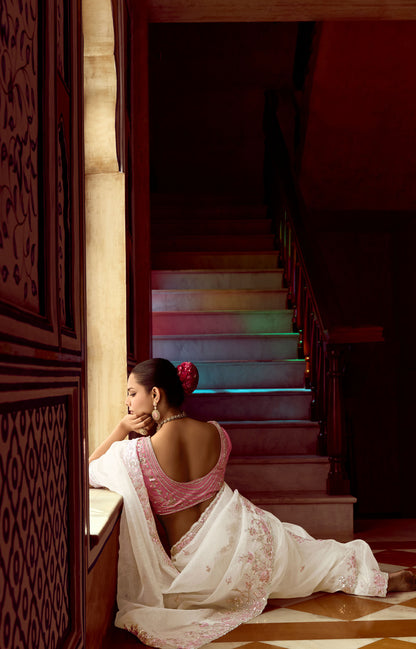 white Dhaga and Butti embroidered Pankhudi Saree