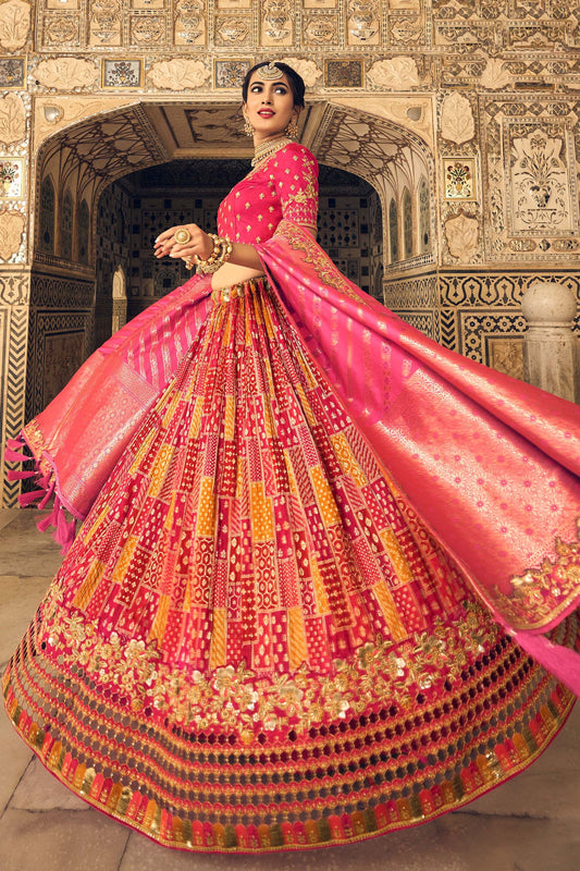 Pink and Gold Cut Work Banarasi Silk Bridal Lehenga