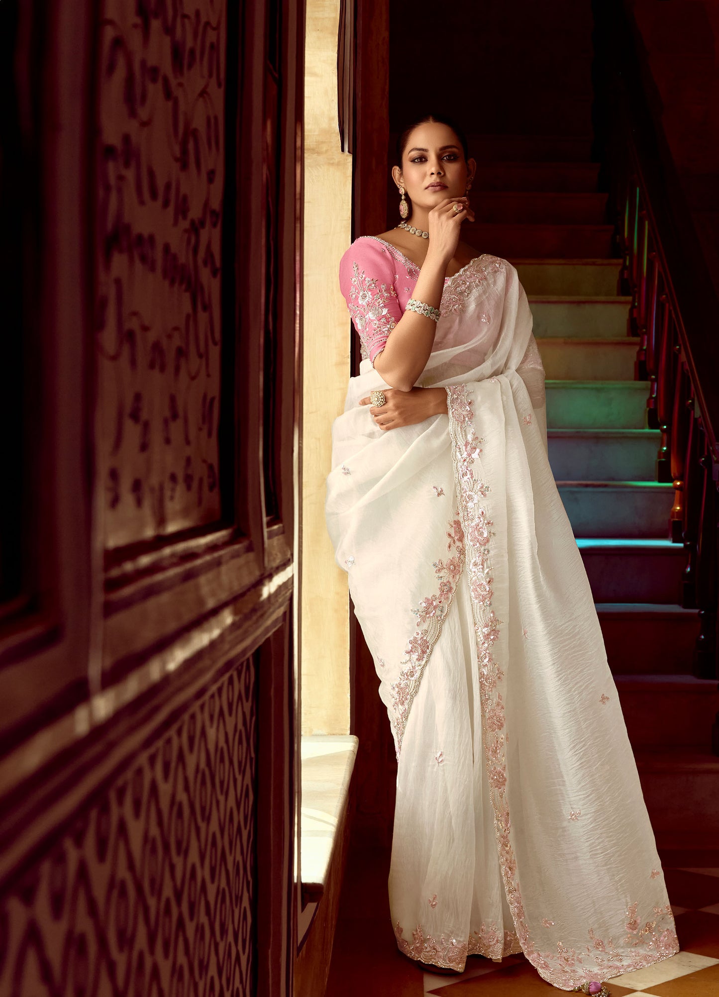 white Dhaga and Butti embroidered Pankhudi Saree