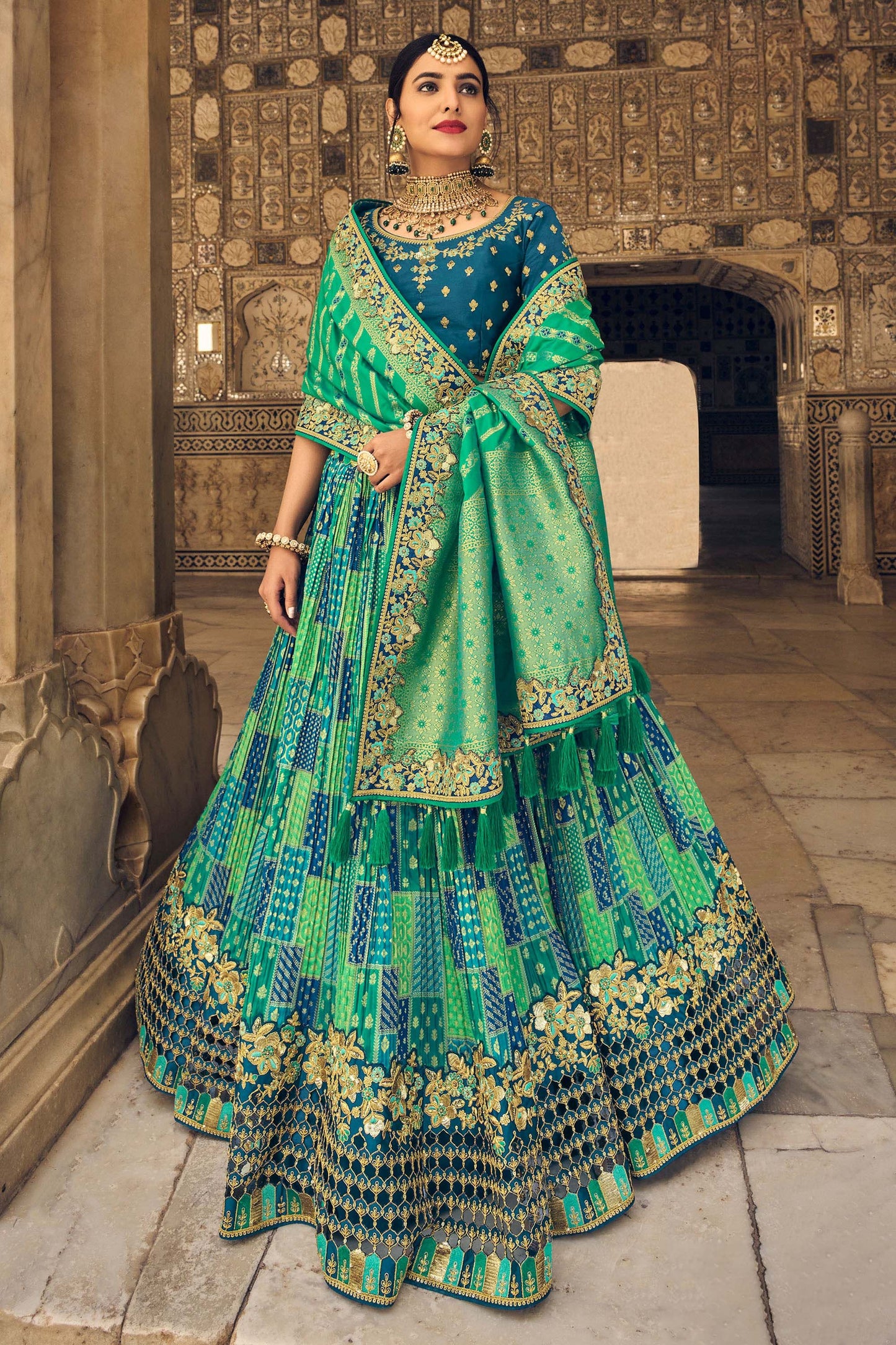 Rama Blue Cut Work Banarasi Silk Bridal Lehenga