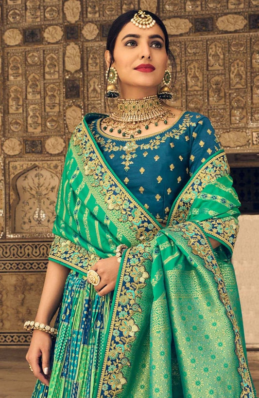 Rama Blue Cut Work Banarasi Silk Bridal Lehenga