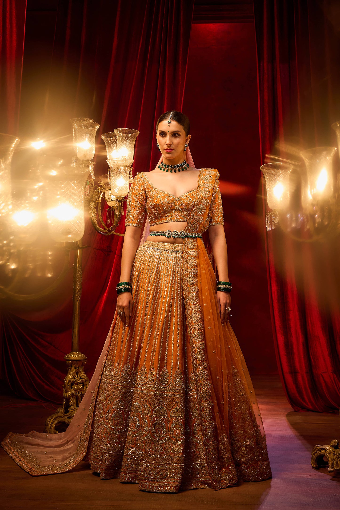 Rust Raw Silk Hand & Machine Embroidered Lehenga Set