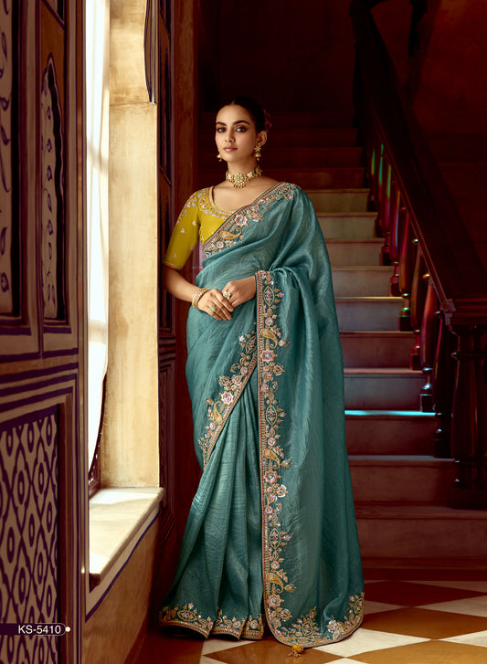 Teal Blue Dhaga and Butti embroidered Pankhudi Saree