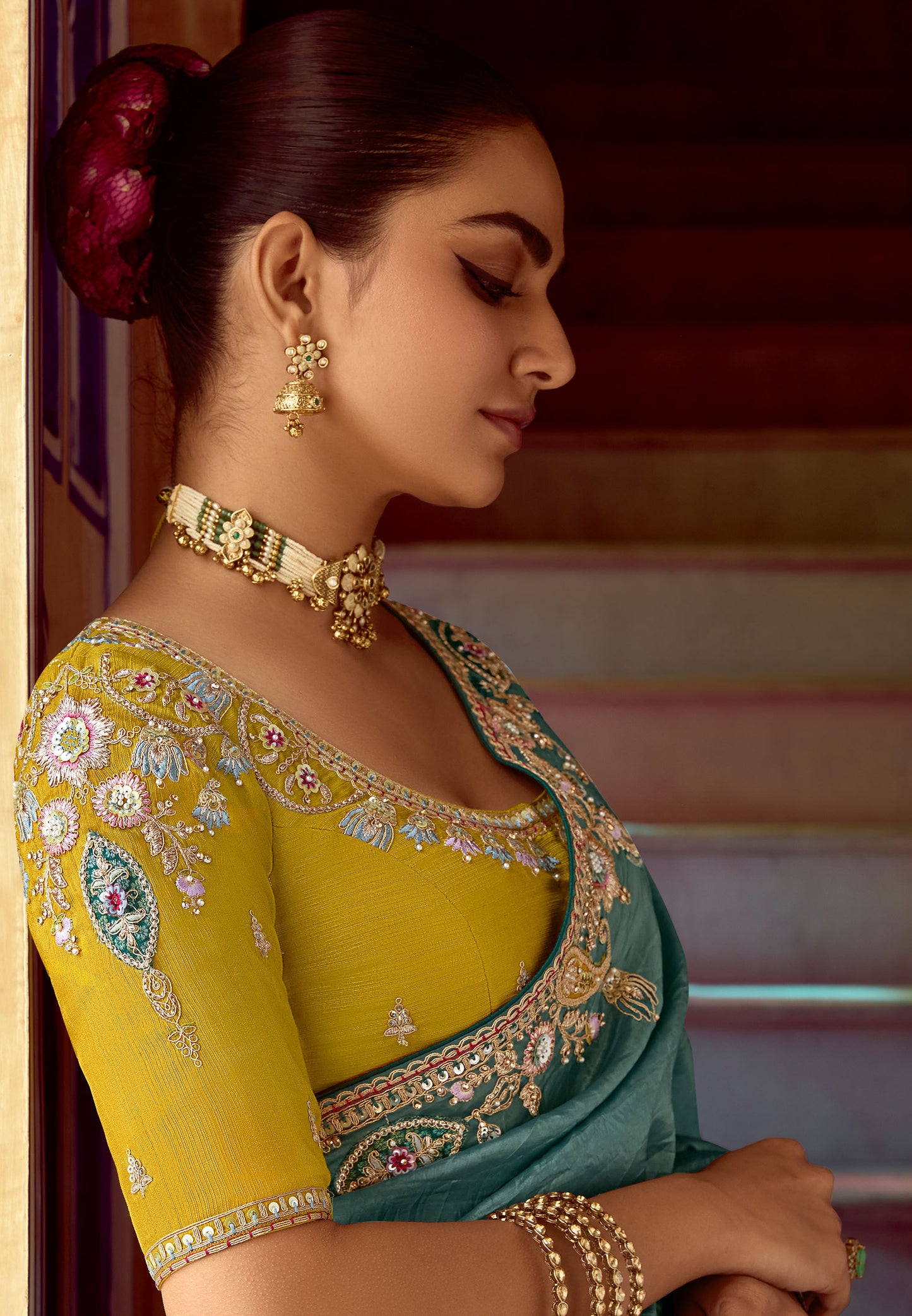 Teal Blue Dhaga and Butti embroidered Pankhudi Saree