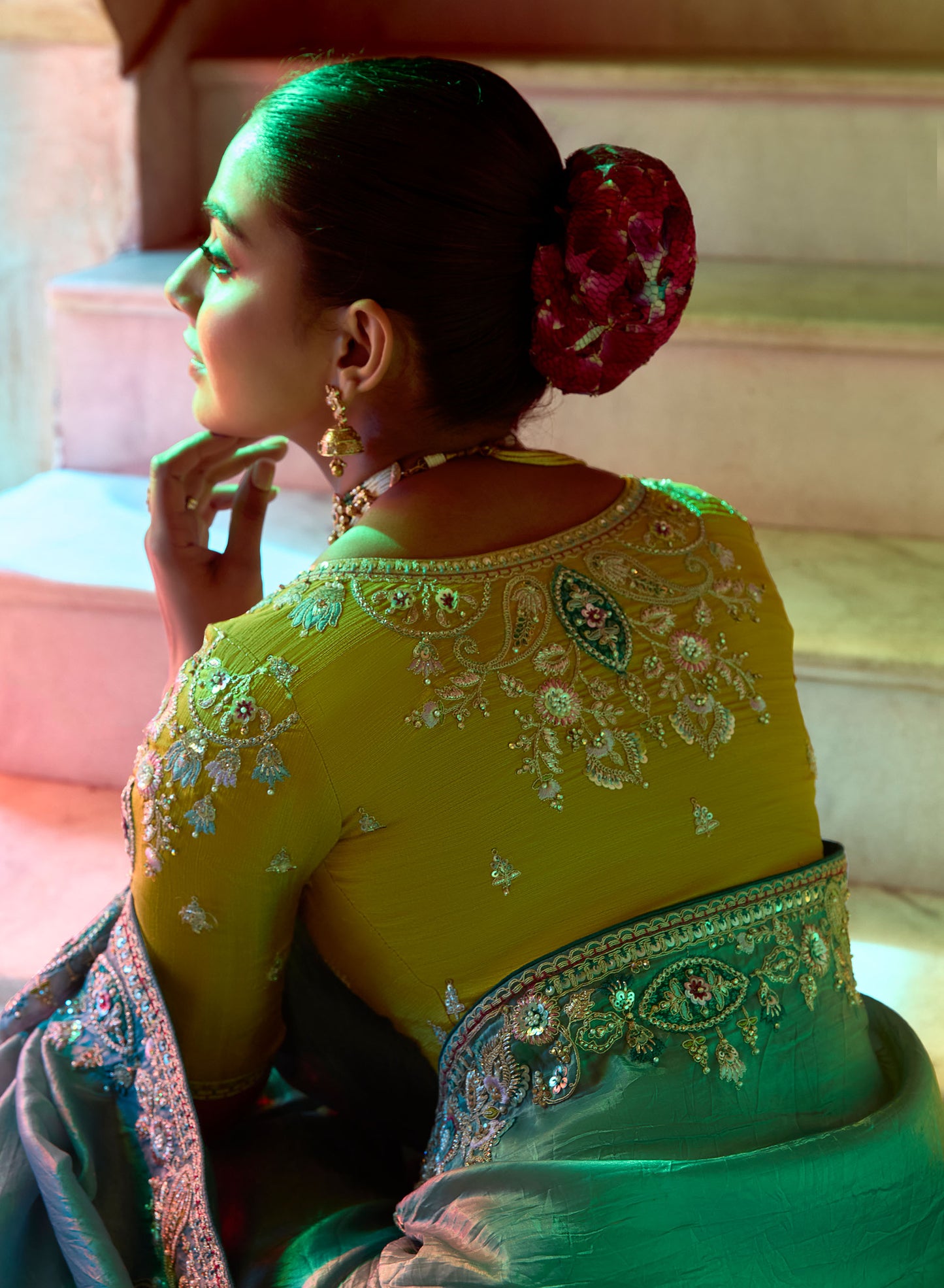 Teal Blue Dhaga and Butti embroidered Pankhudi Saree