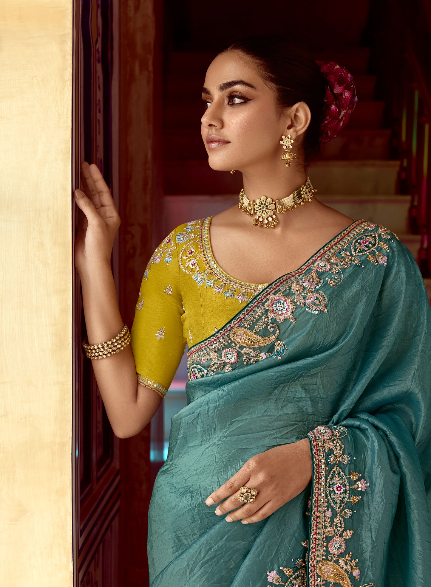 Teal Blue Dhaga and Butti embroidered Pankhudi Saree