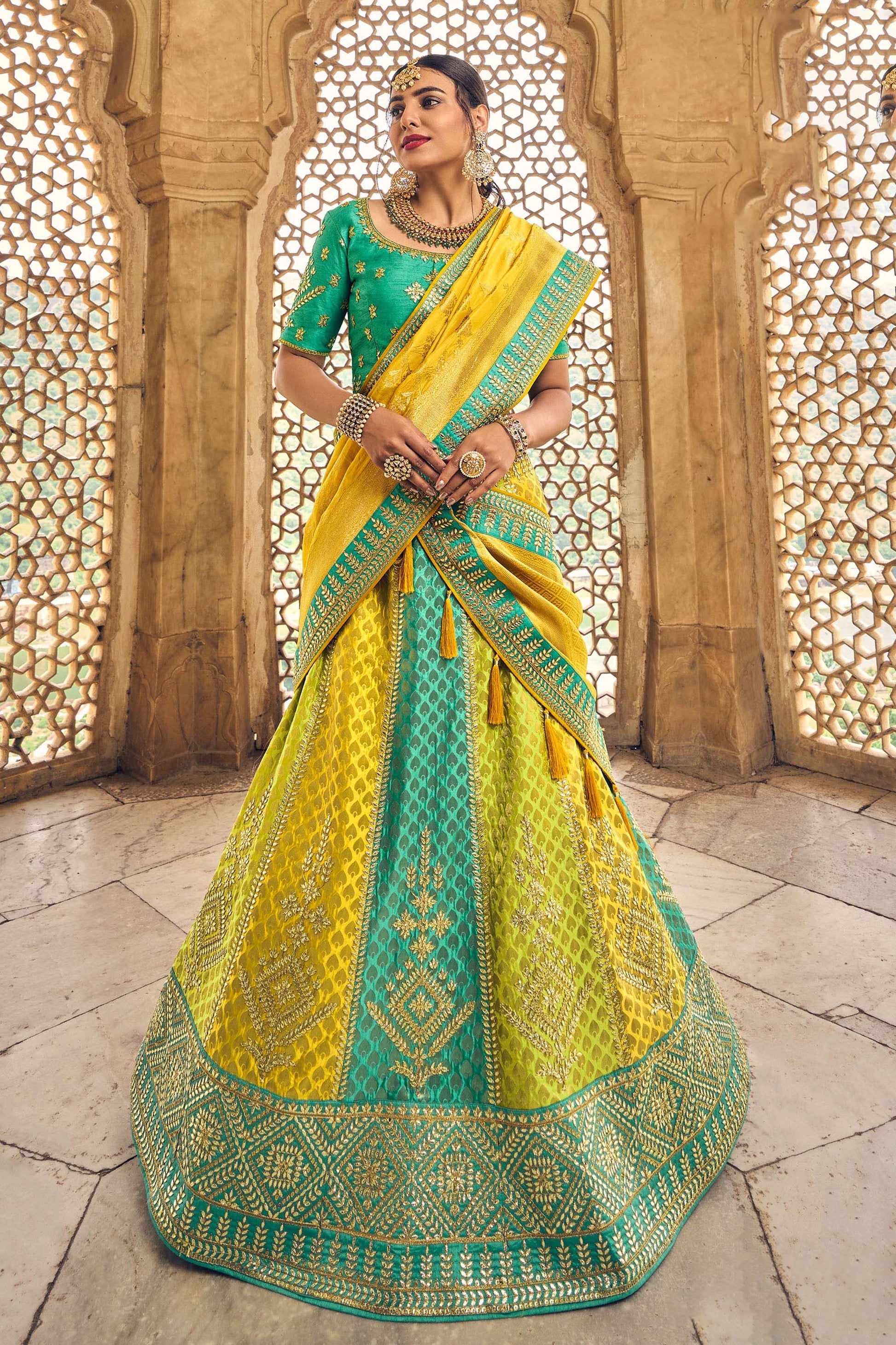 Yellow Heavy Cut Work Banarasi Silk Bridal Lehenga