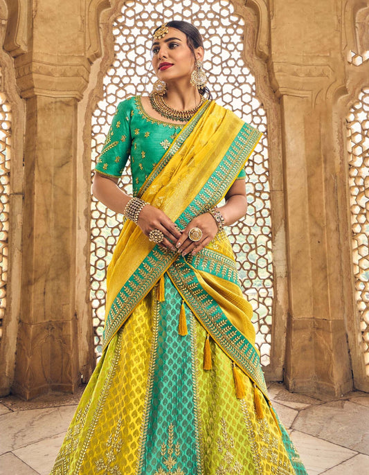Yellow Heavy Cut Work Banarasi Silk Bridal Lehenga