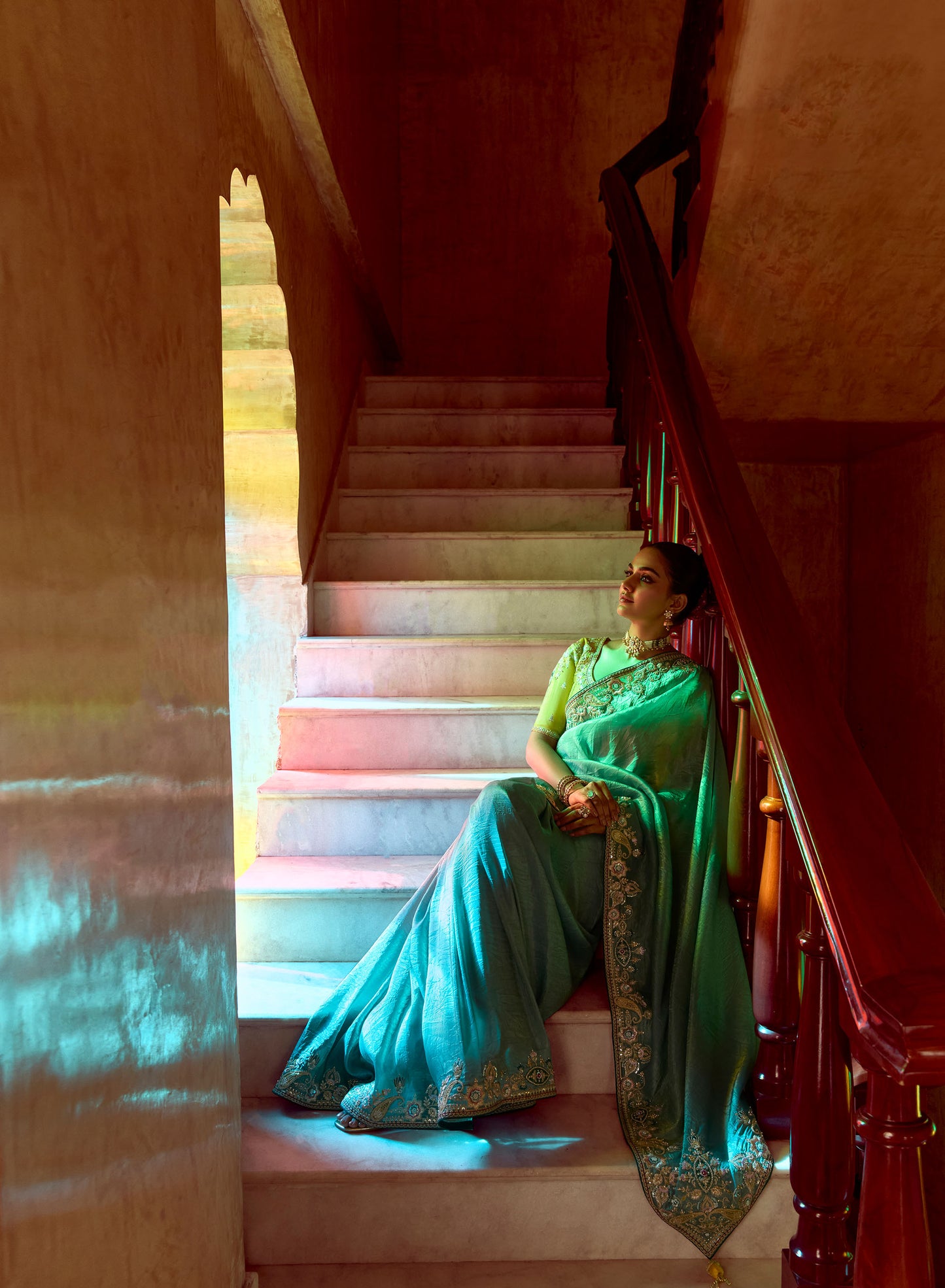 Teal Blue Dhaga and Butti embroidered Pankhudi Saree