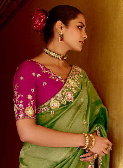 Olive Green Dhaga and Butti embroidered Pankhudi Saree