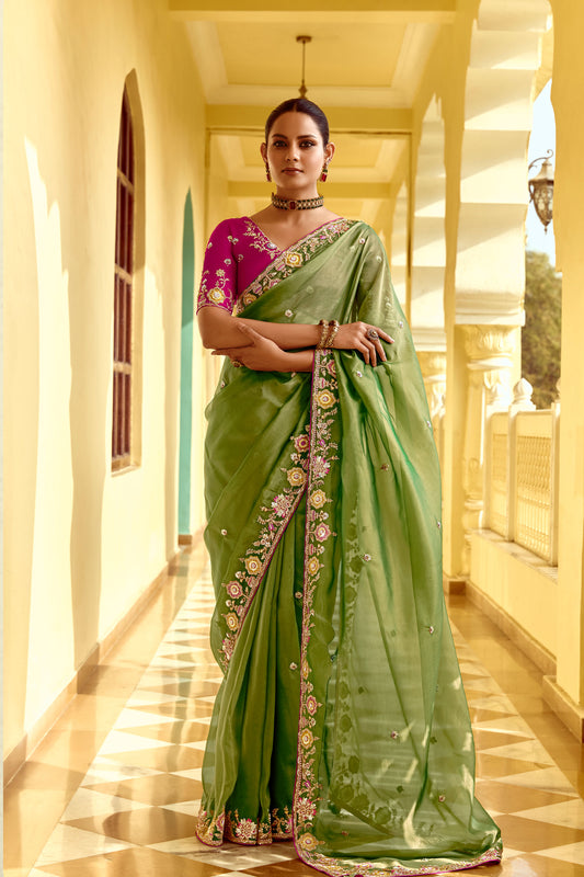 Olive Green Dhaga and Butti embroidered Pankhudi Saree
