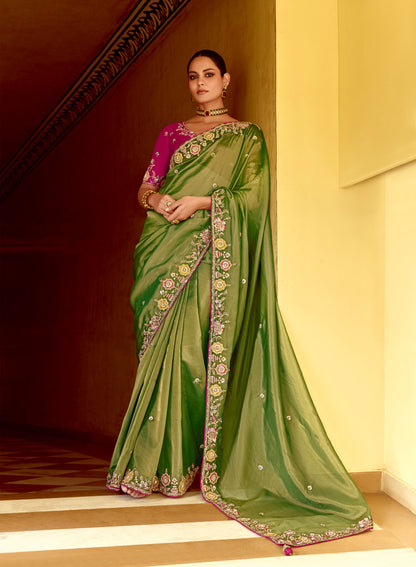 Olive Green Dhaga and Butti embroidered Pankhudi Saree