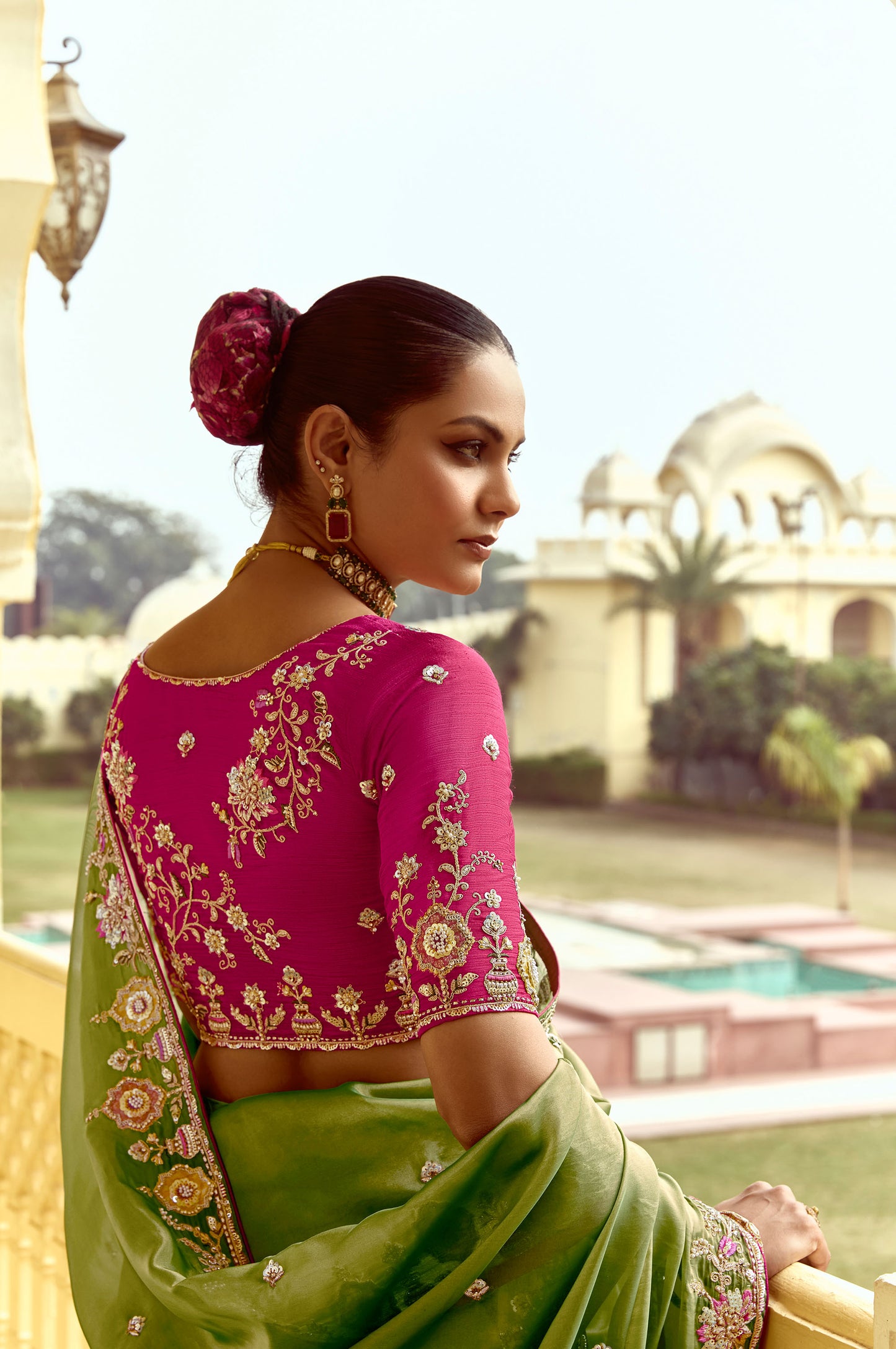 Olive Green Dhaga and Butti embroidered Pankhudi Saree