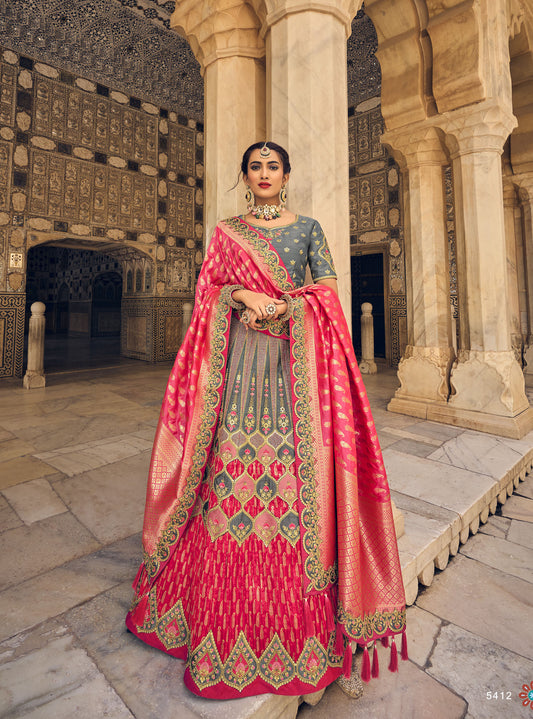 Grey and Pink Cut Work Banarasi Silk Bridal Lehenga