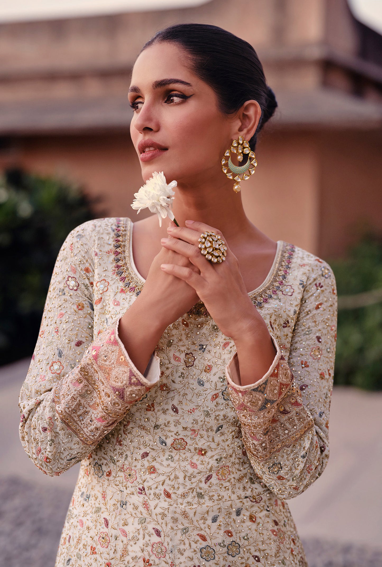 Cream Resham Embroidered Georgette Surya Anarkali