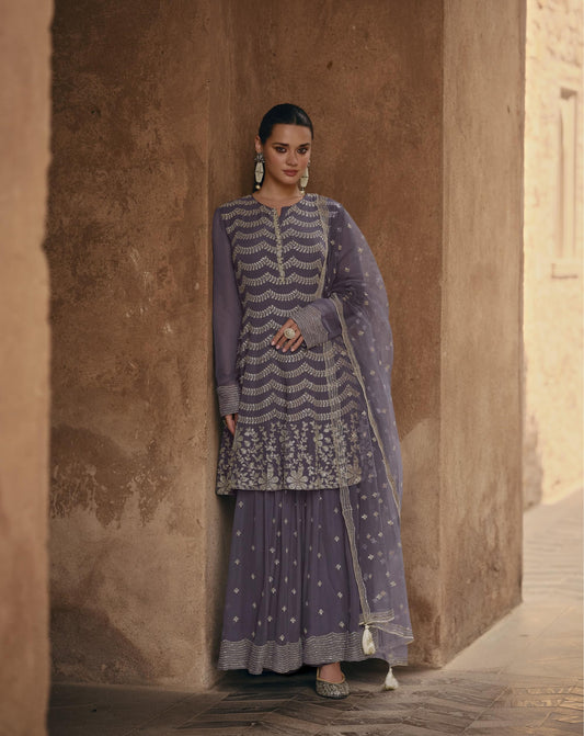 Purple Color Chinnon Silk Cut Work Sharara