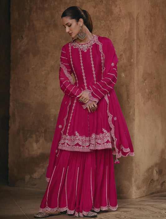 Dark Pink Color Chinnon Silk Cut Work Sharara