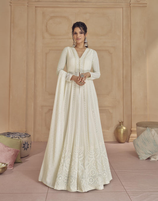 Off White Color Georgette Lucknowi Embroidery Palazzo Anarkali