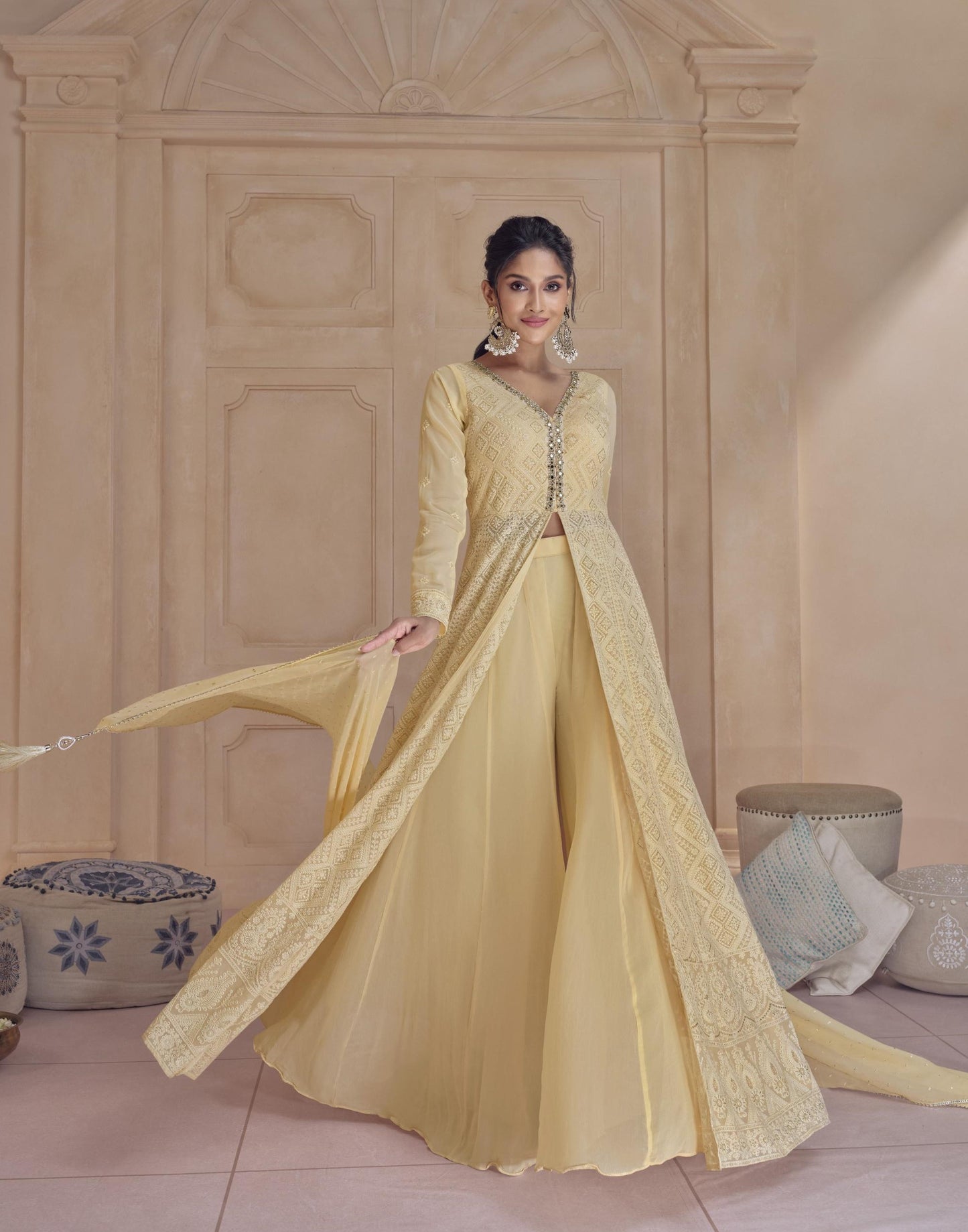 Pale Yellow Color Georgette Lucknowi Embroidery Palazzo Anarkali