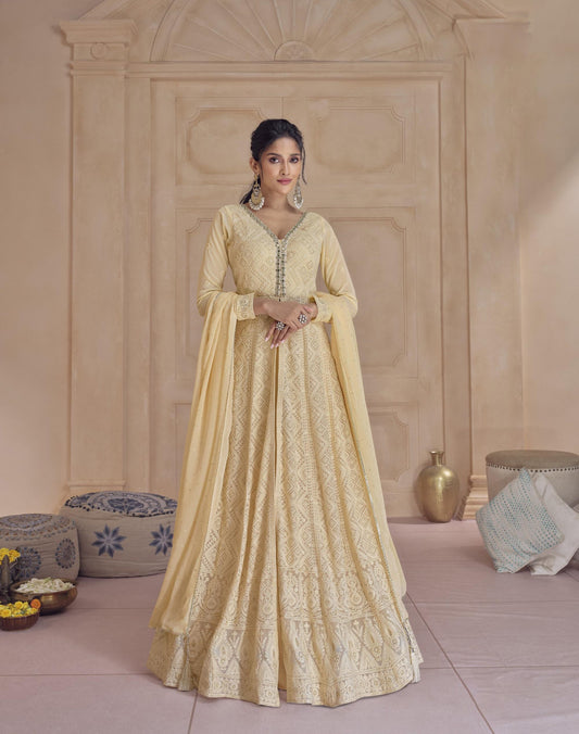 Pale Yellow Color Georgette Lucknowi Embroidery Palazzo Anarkali