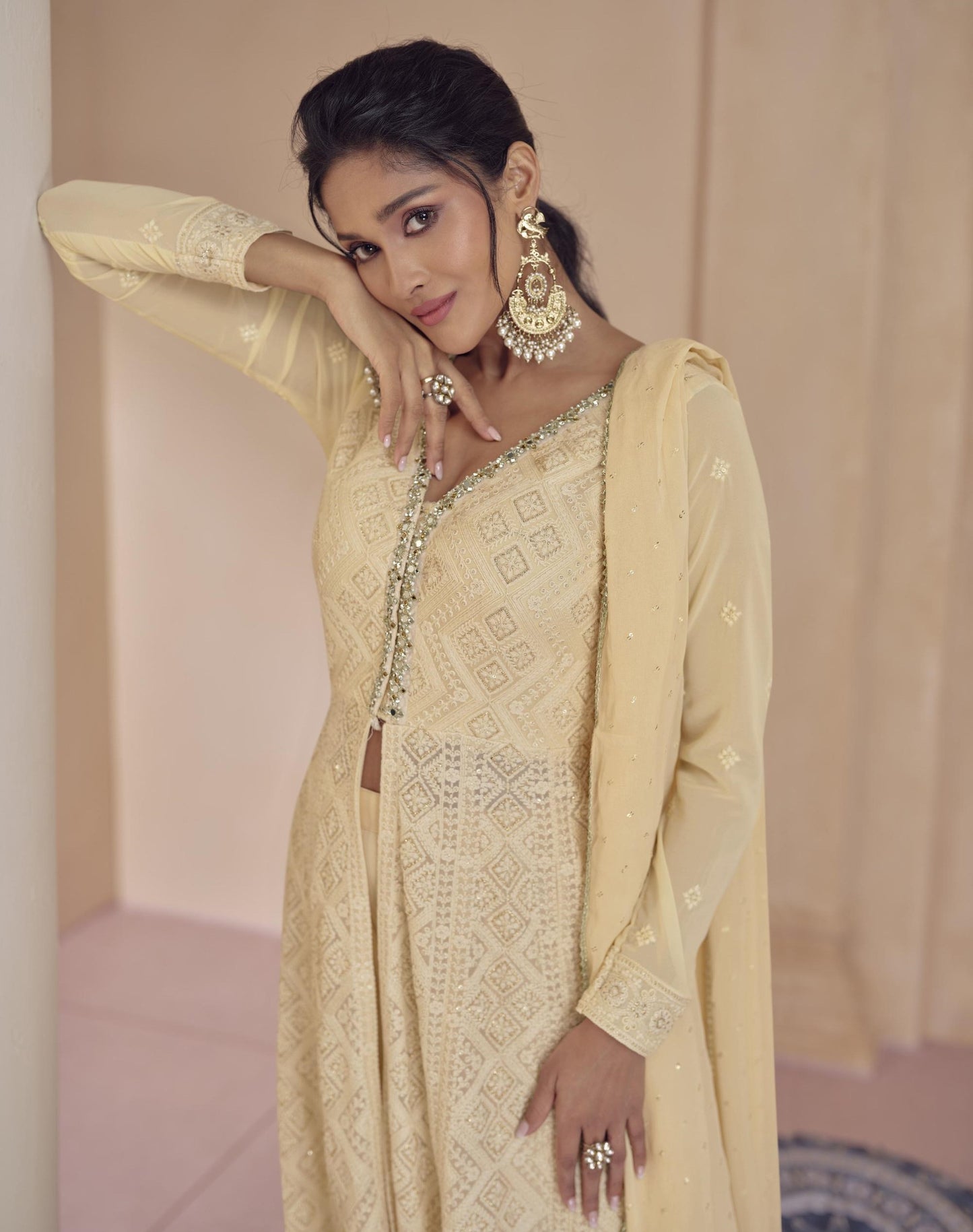 Pale Yellow Color Georgette Lucknowi Embroidery Palazzo Anarkali