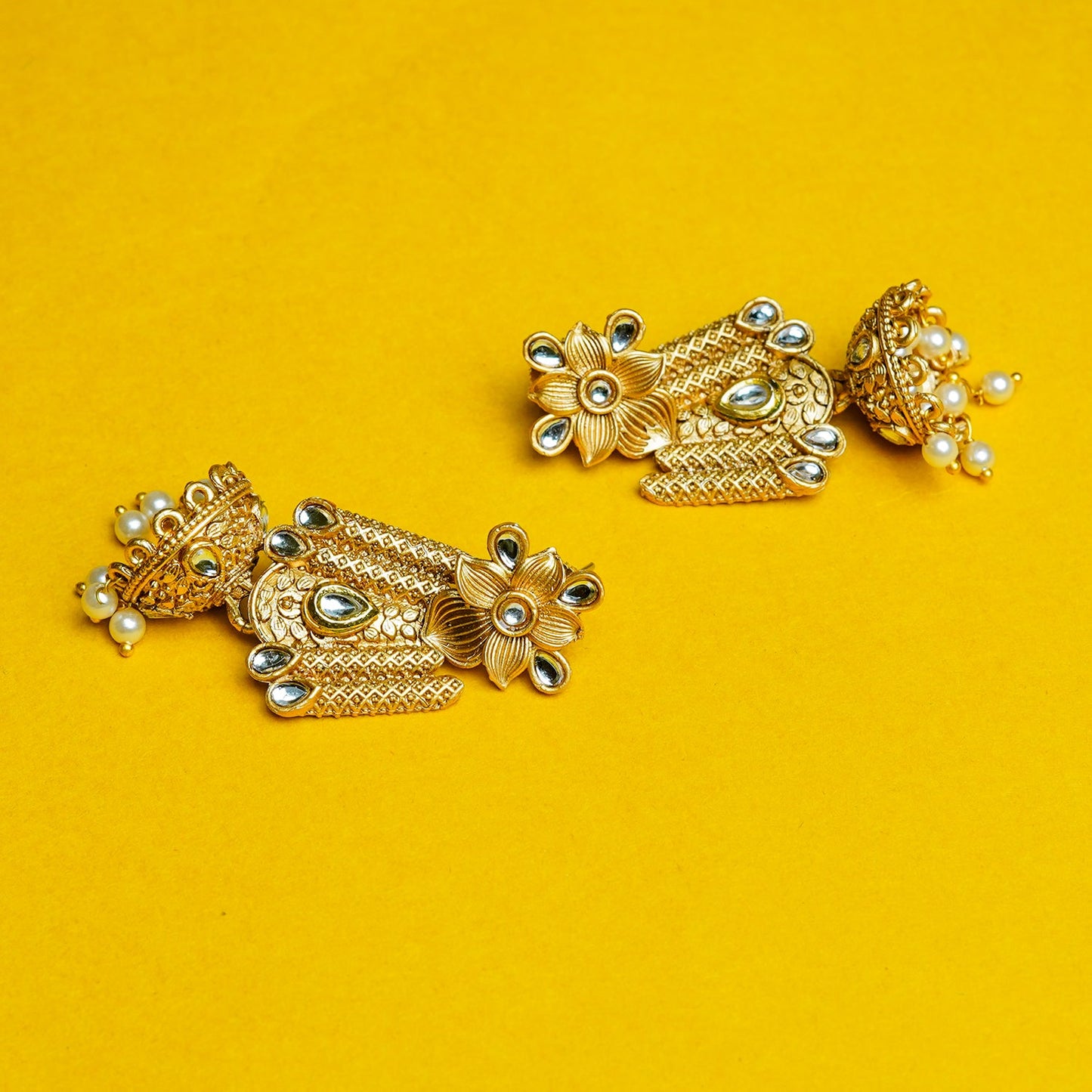 Zevar Club 18K Gold-Plated Red Kundan Stone Studded Floral Drop Earrings with Pearl Jhumka