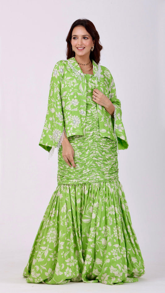 Love Bird Green Floral fish-cut ruched skirt and choli set paired with a hand-embroidered jacket