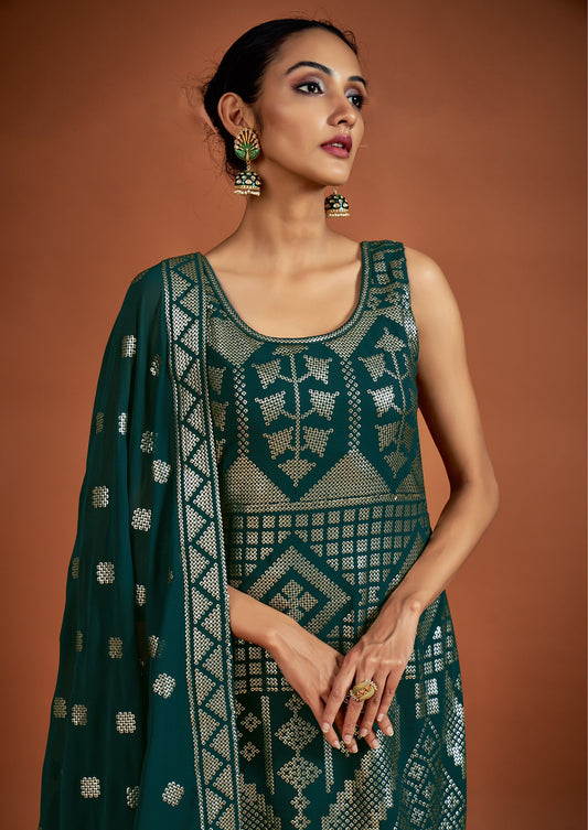 Green Sequins Embroidery Georgette Sharara for Sangeet