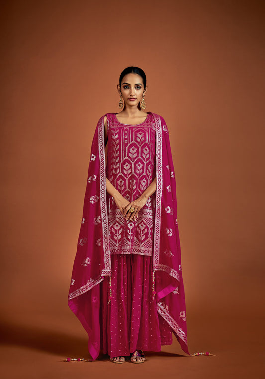 Dark Pink Sequins Embroidery Georgette Sharara for Sangeet