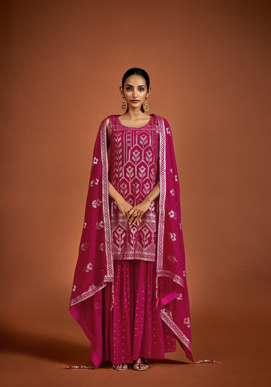 Dark Pink Sequins Embroidery Georgette Sharara for Sangeet