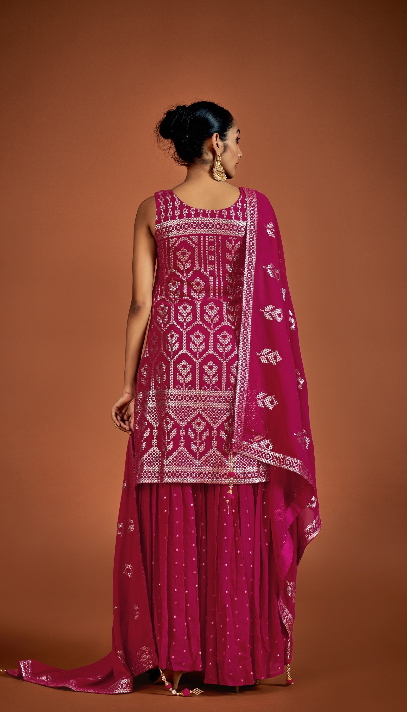 Dark Pink Sequins Embroidery Georgette Sharara for Sangeet